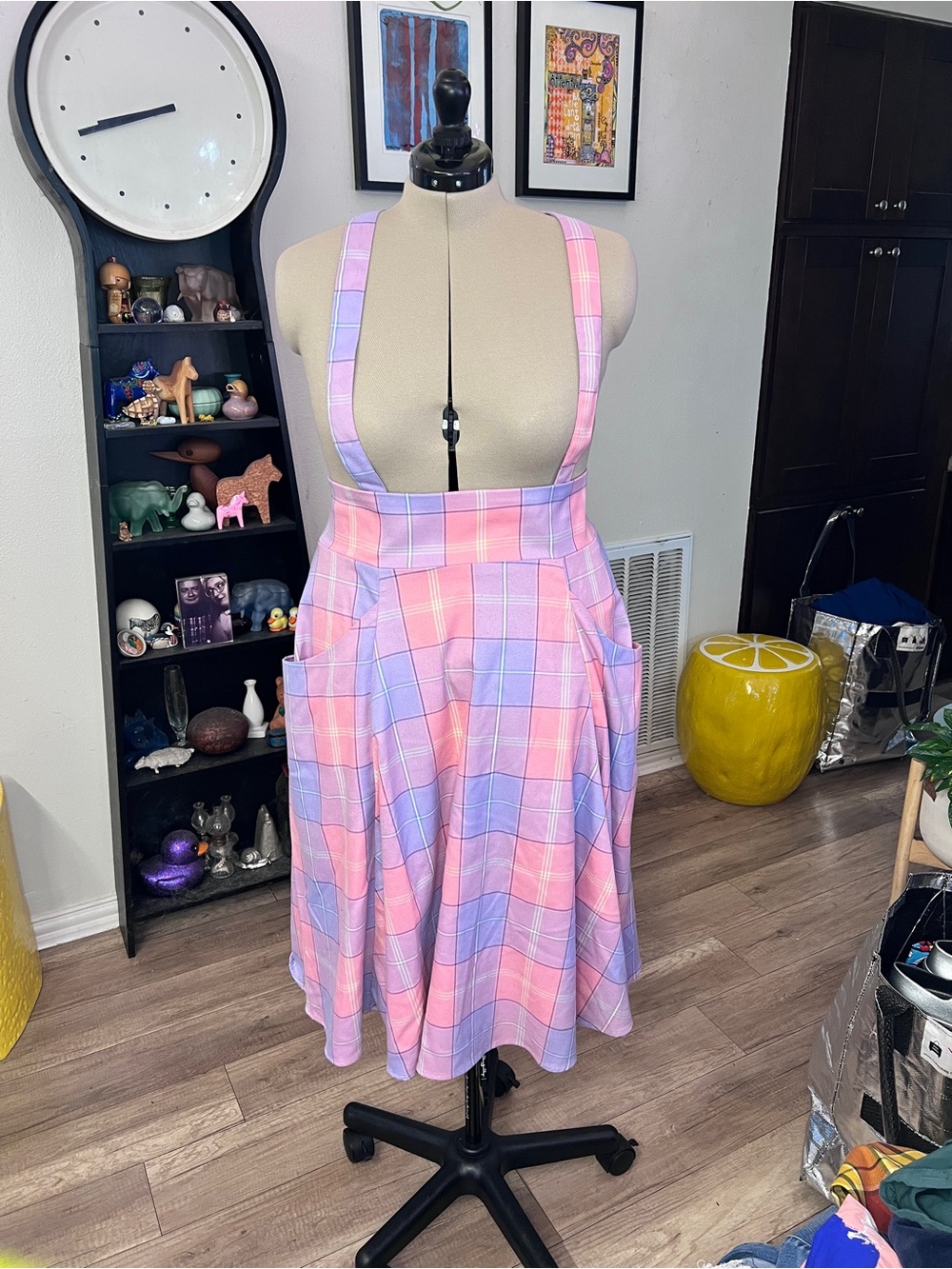 Collectif Pink and Lilac Plaid Suspender Skirt
